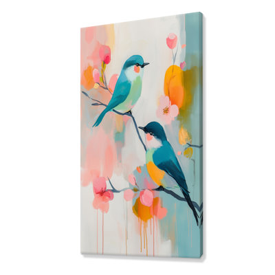 Oiseaux chinois bleus roses et fleurs d'été roses - décoration murale botanique bleue, impressions encadrées par la nature