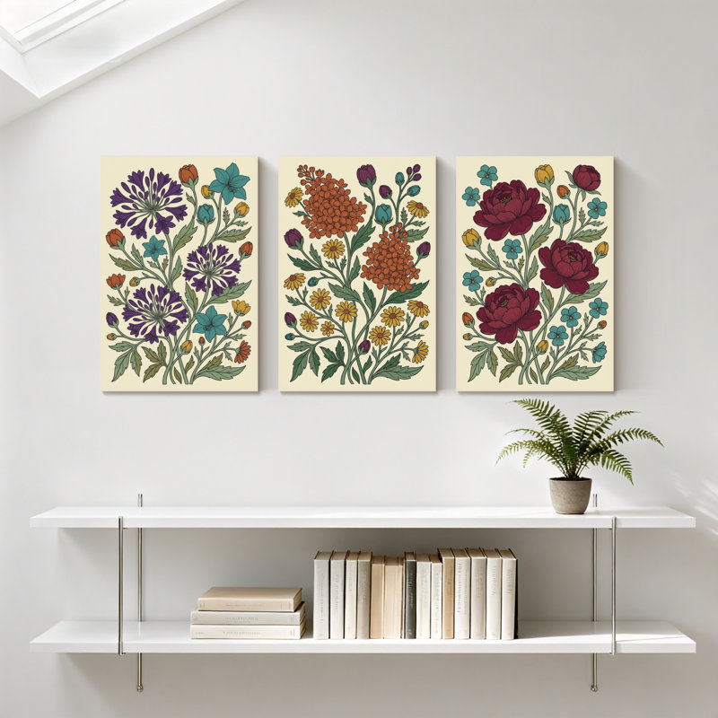 Plantes et fleurs, motif floral avec couleurs vives et feuilles détaillées, ensemble de 3 impressions murales sur toile