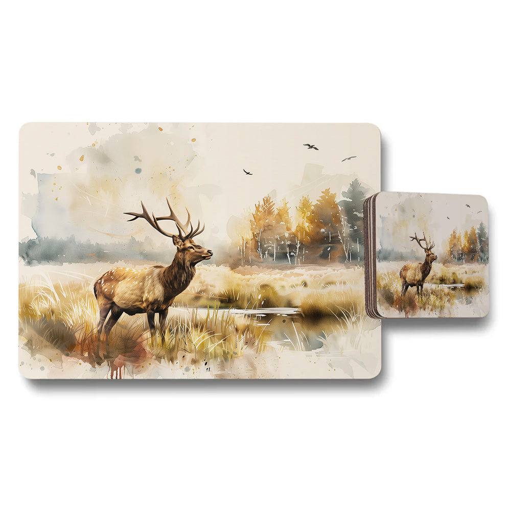 Autumn Deer Watercolor Placemat and Coaster Set for Table Decor