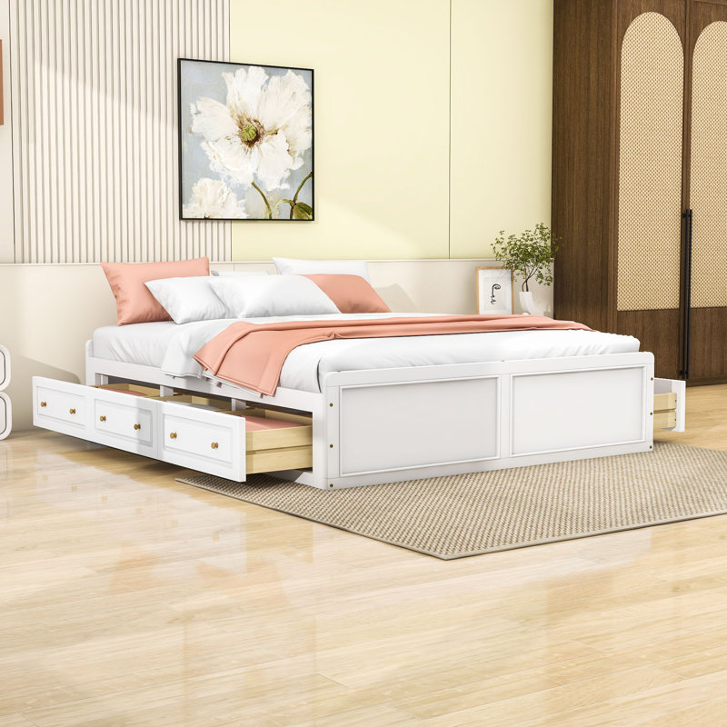 Grand lit plateforme en bois à six tiroirs, Blanc