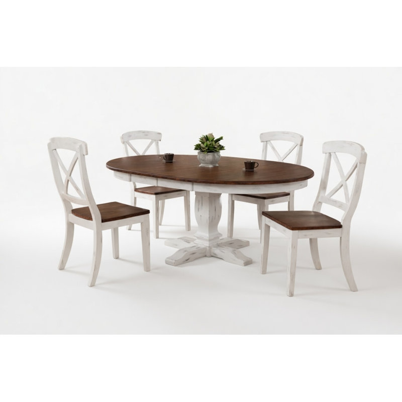 Iksha Transitional Round 5-Piece Extendable Solid Wood Dining Set in White & Brown With 18" Takeout Leaf
