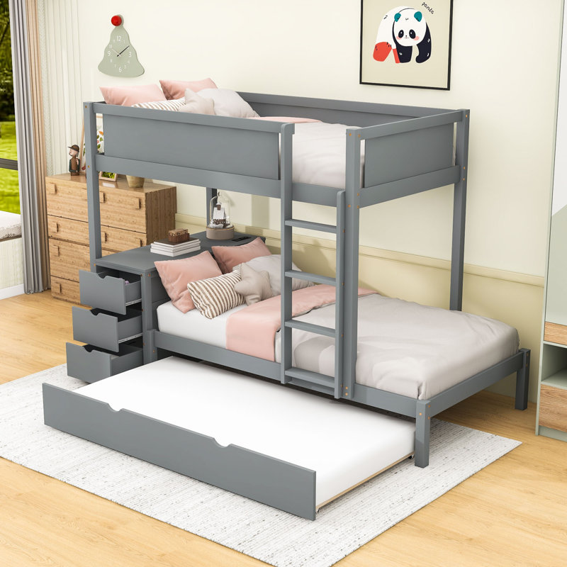 Bunk Bed With Twin Trundle, USB Outlets And Storage Drawers,Shelves, Gray, Twin Over Twin