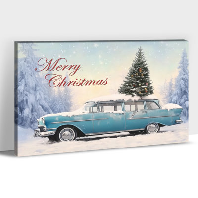 Grande Abiel Decor - voiture rétro avec arbre de Noël, reproduction de photo, affiche de peinture de joyeuses fêtes pour la cuisine du salon prêt à être accroché