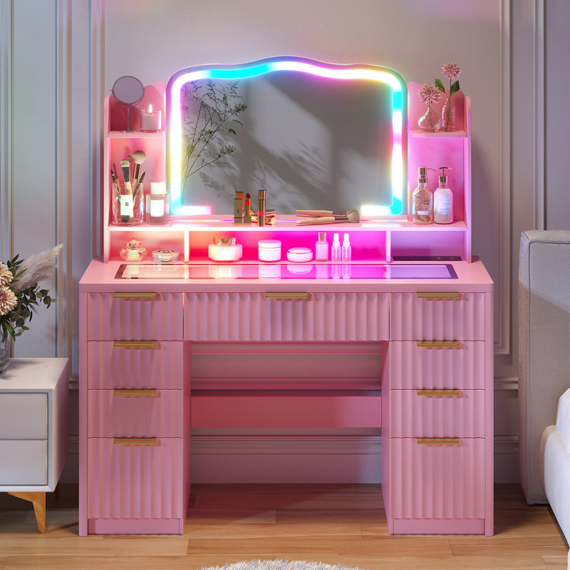 Makeup Vanity With Color Lighting Mirror And Human Sensor Module, Vanity Desk With Outlets, Storage Drawers And Cabinet, Pink