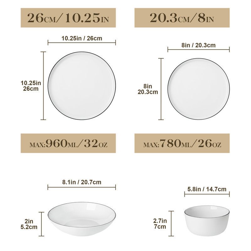 Piece Porcelain China Dinnerware Set - Service for 4, White/Black