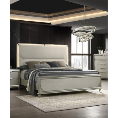 Contemporary Glam Silver Fabric Upholstered  Bed W LED Embossed Panel 1Pc Bedframe Bedroom Furniture