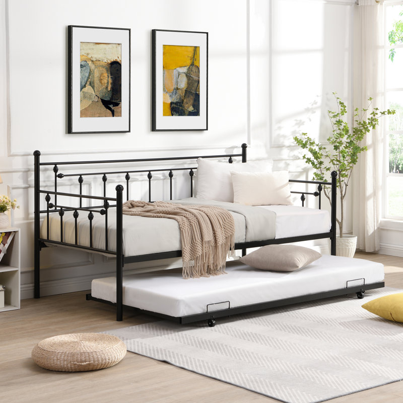 Lit de jour noir avec lit gigogne - choix de chambre à coucher moderne pour un espace de détente, fabrication métallique à long terme, fonction d'économie d'espace, environnement calme et apaisant, cadre de lit facile à assembler, sans sommier