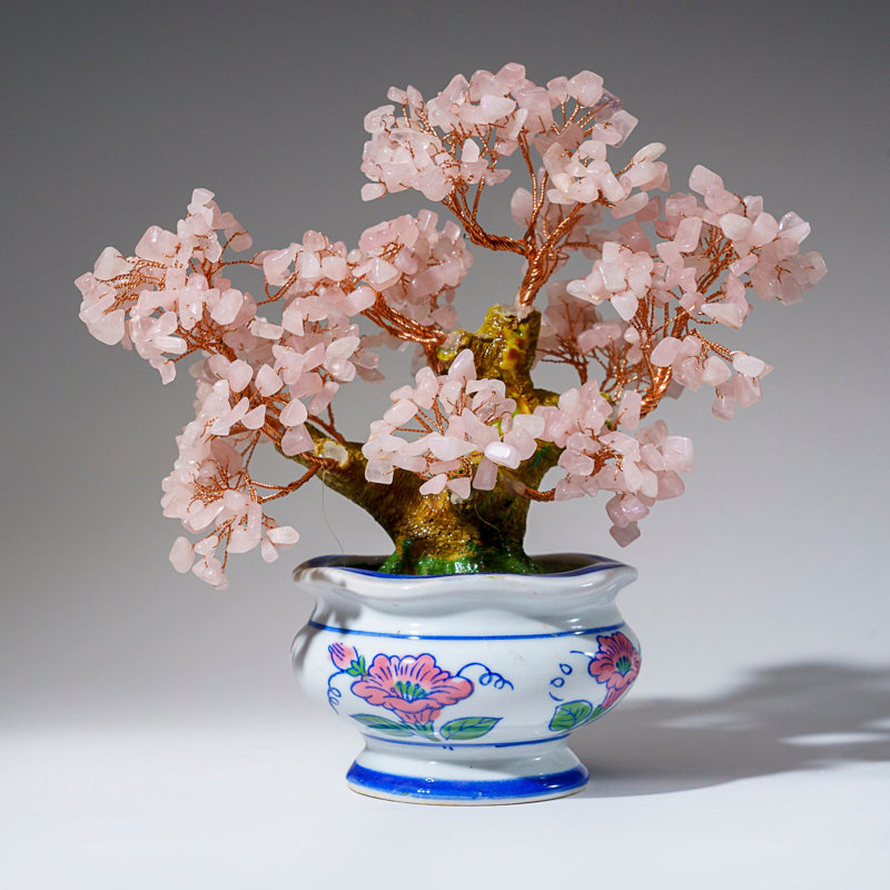 Genuine Rose Quartz Bonsai Tree In Round Ceramic Pot (8.5€ Tall)