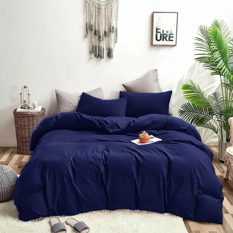 Plain Dyed Microfiber Duvet Cover Set with Pillowcases (3-Piece), Navy, Double Duvet + 2 Additional Pieces