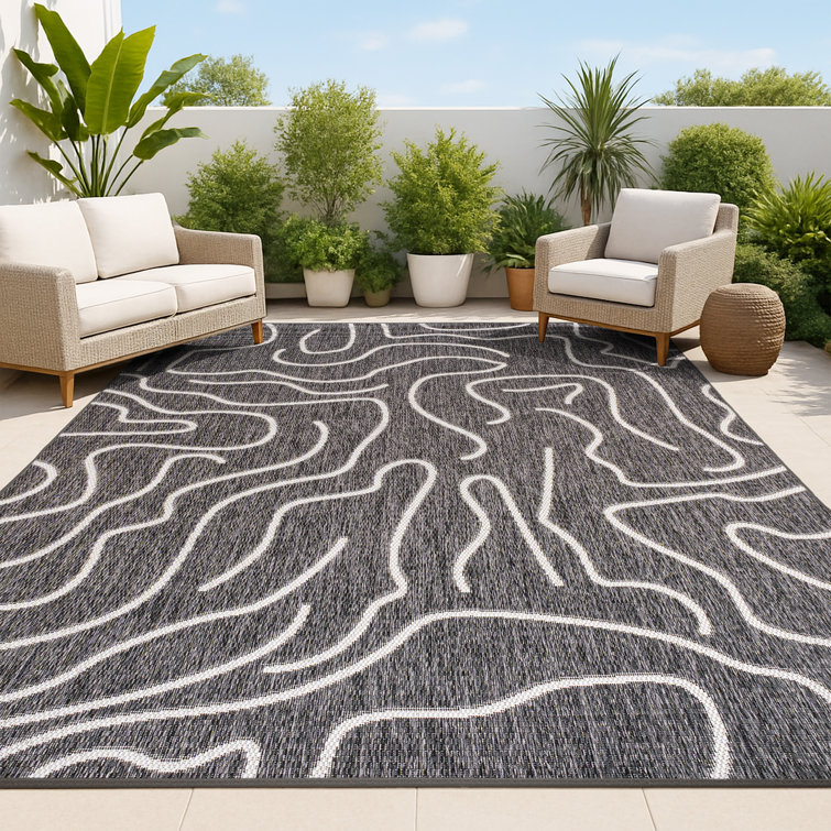 Numra Modern Coastal Organic Shapes Black/Cream Indoor/Outdoor Rug
