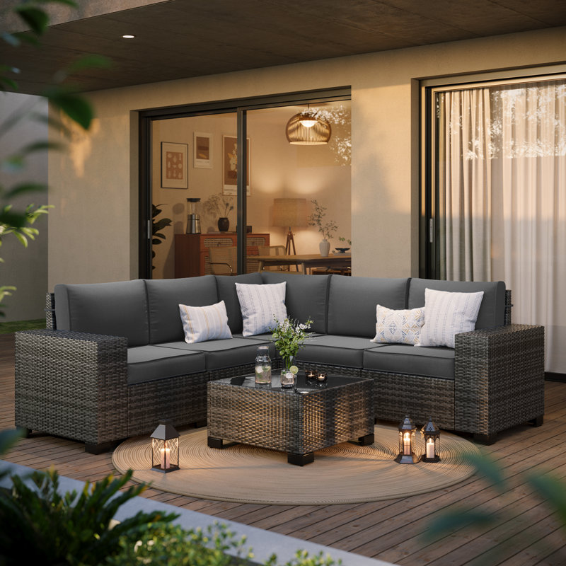 Earling 5 - Person Modular Wide Armrest Outdoor Rattan Sectional Seating Group, Dark Gray/Gray