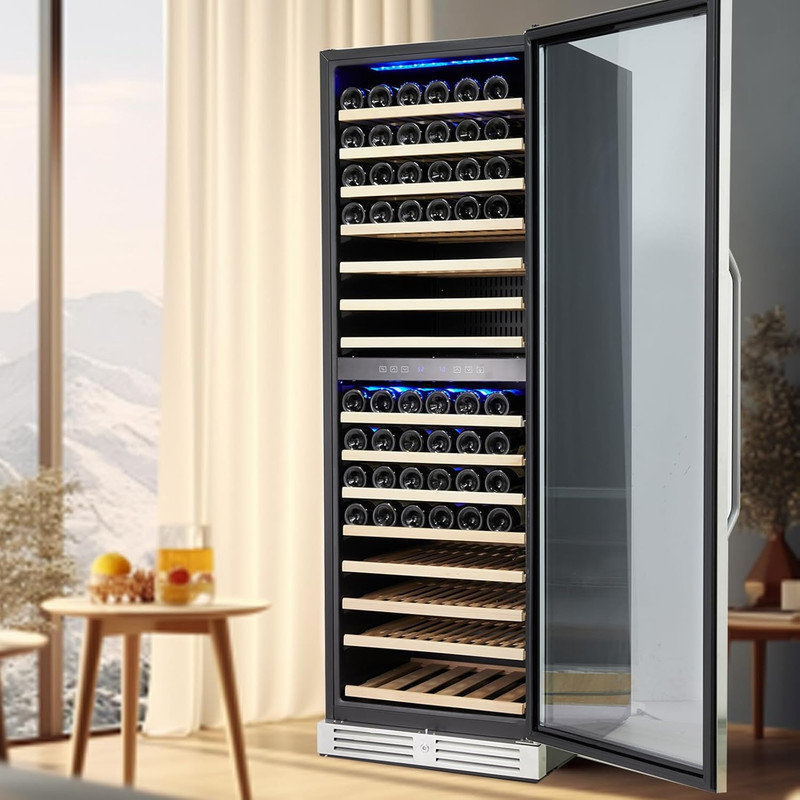 Dual Zone Wine Cooler 29-160 Bottle Capacity with Tempered Glass Door, Built-In/Freestanding Temperature Memory