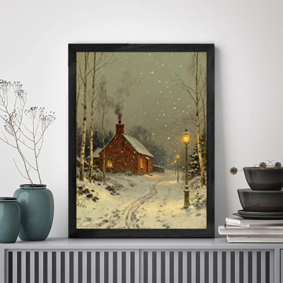 Aquarelle encadrée noire, village de Noël avec arbres enneigés, impressions de style rétro