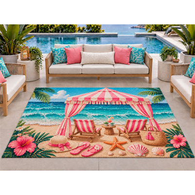 5’ x 7’ Outdoor Area Rug Pink Beach Cabana Ocean Tropical, Heavyweight Waterproof PVC Coil Loop Carpet, Quick Dry Indoor Outdoor r Mat for Porch Deck Entryway Large Doormat