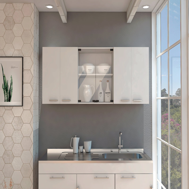 Armoire murale avec verre, quatre tablettes intérieures, deux portes doubles, Blanc