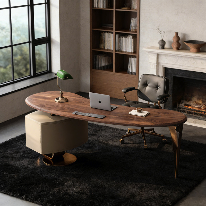 Bureau ovale de luxe italien italien, placage en noyer noir, pieds en bronze, H 29,53 po x l 70,87 po x P 31,5 po