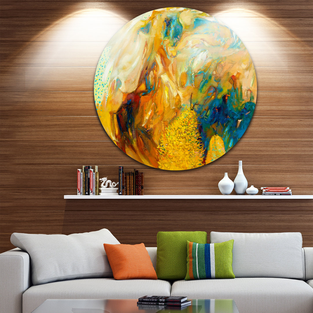 " Abstract Yellow Collage - Abstract Round Painting Print On Metal " Ebern Designs 