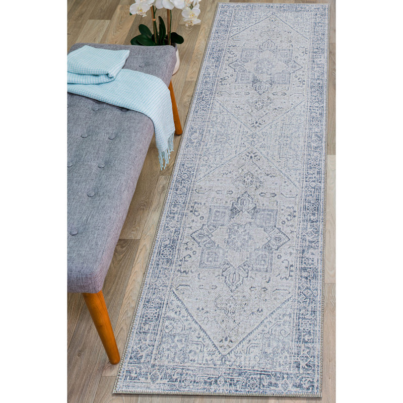 Somona Machine Washable Oriental Flatweave Performance Blue/Ivory Area Rug, Runner 20" X 60"