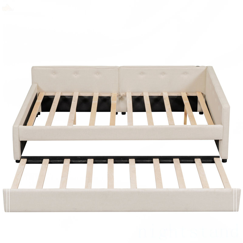 Lit plateforme double tapissier avec USB et lit gigogne simple, Double