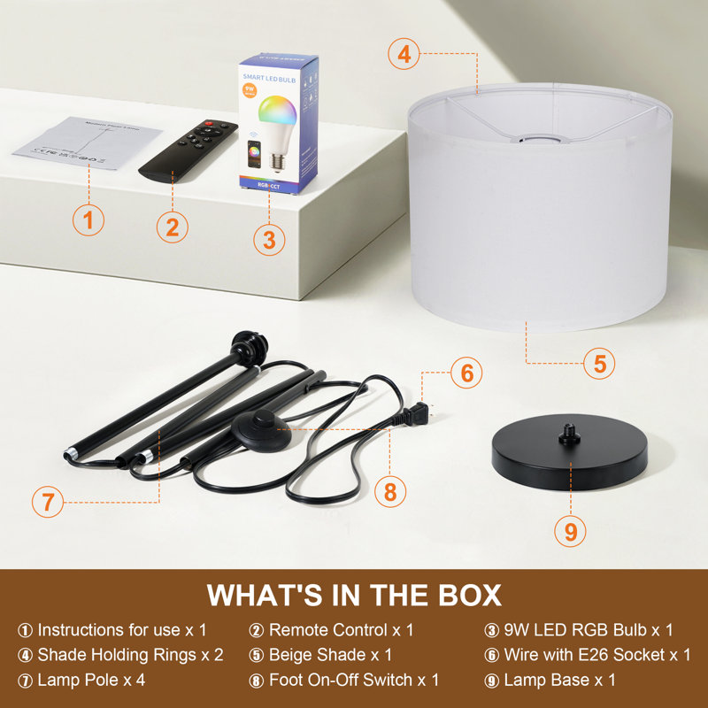 Lampe sur pied traditionnelle avec abat-jour tambour en lin beige Smart RVB avec Bluetooth et télécommande pour le salon, la chambre à coucher