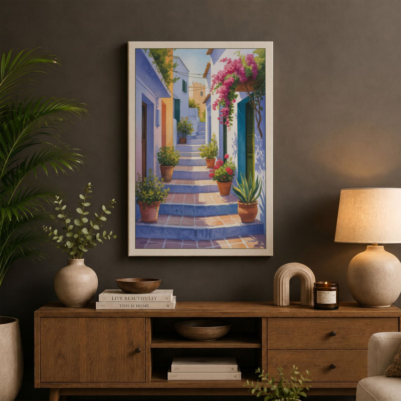 Mediterranean Alleyway Coastal - Wrapped Canvas, 30x20 - 76.2 x 50.8 cm, Ochre Border