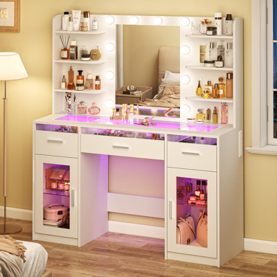 Bureau de coiffeuse avec éclairage réglable Melanni, bureau transparent, prise de courant