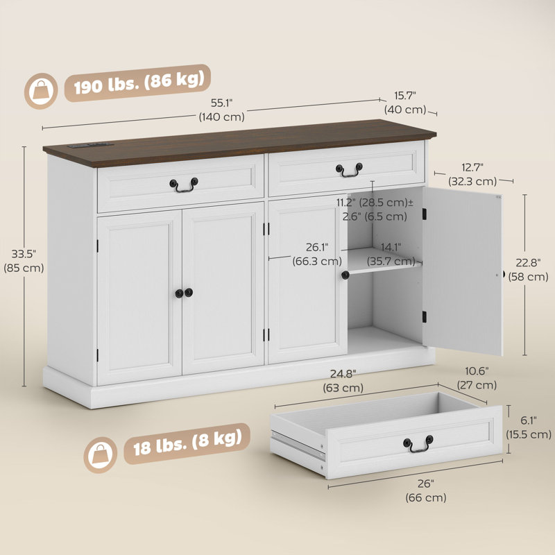Buffet avec station de charge, buffet de ferme 55 po, blanc, Blanc / Blanc