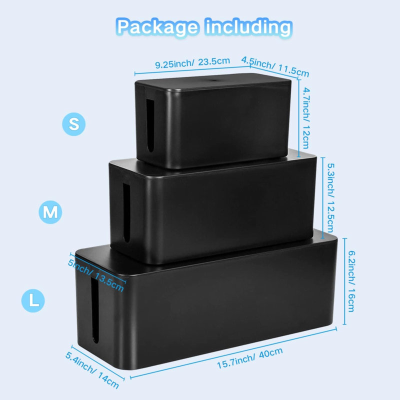 Cable Management Box, 3 Pack Cord Organizer Boxes With 33 PCS Cable Management Set To Cover Hide Power Strip, Surge Protector Under Desk & On Floor, Wire Concealer For Home Office Computer TV (Black)