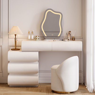 Humply Makeup Vanity Set with Mirror and Lights 40'' to 53'' LED Touchscreen Mirror Five Drawers Ample Storage Included Leather Stool White Faux Leather Engineered Wood Modern Style