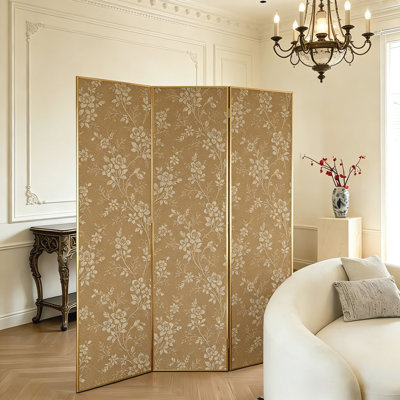 Paravent rétro à imprimé floral avec cadre en alliage d'aluminium, paravent pliable doré