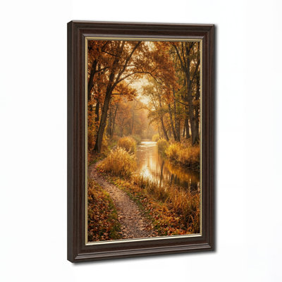 Sunlit Autumn River Path Through Trees Canvas Wall Art