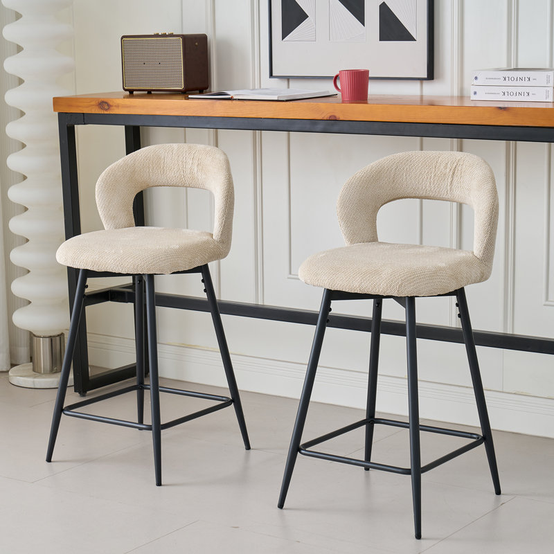 Swivel Upholstered Bar Stool with Iron Frame, Khaki