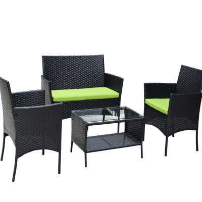 Mobilier de patio 4 pièces: fauteuils d'extérieur et table d'ordinateur en verre trempé avec coussins