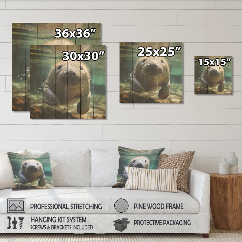 Curious Manatee Gaze II - Lamantin sur bois, H 25 po x l 25 po