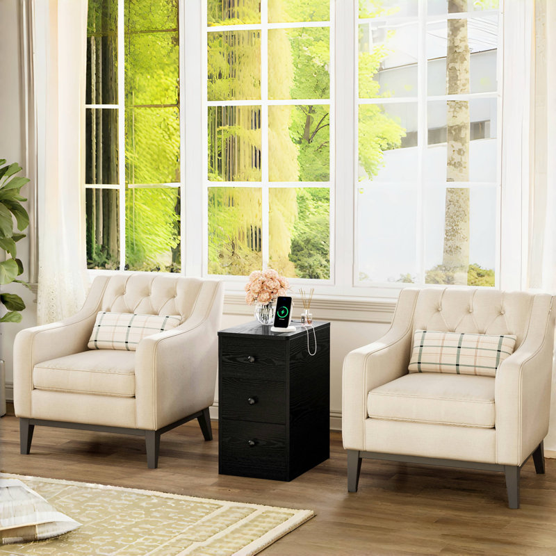 Table de chevet moderne étroite avec station de charge - rangement à 3 tiroirs, Noir