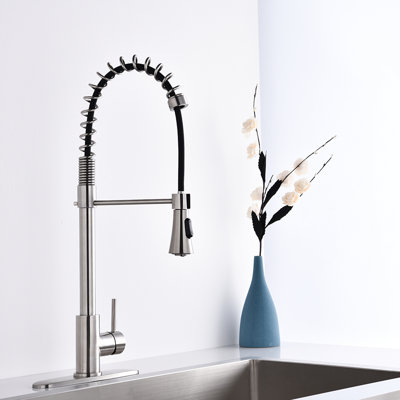 Modern Stainless Steel Kitchen Faucet In Brushed Nickel - Single Handle Spring High Arc, Pull Down , To Fatigue And Wear With Swivel Function Spring, Fading Discoloration
