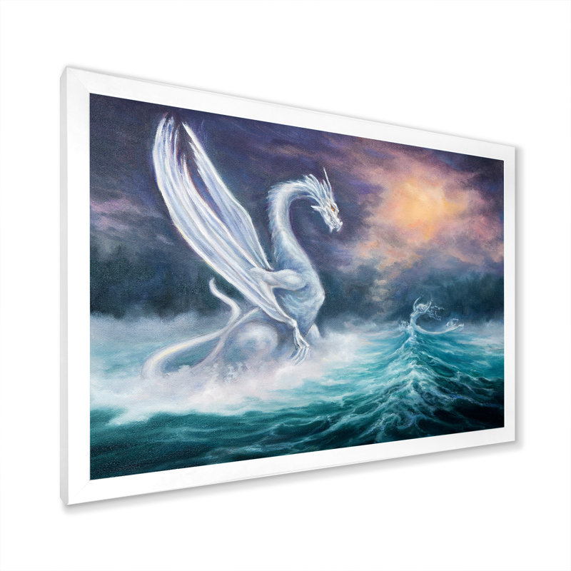 «White Dragon With Wings in Fantasy Ocean», reproduction d'art sur toile, Cadre photo blanc, H 16 po x l 32 po x P 1 po