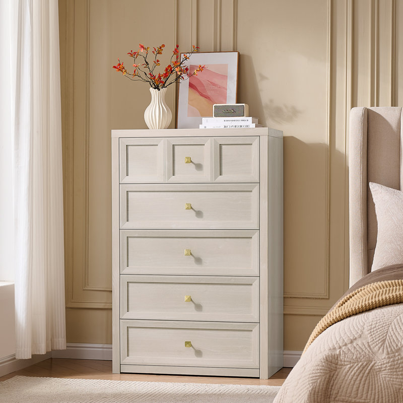 Commode 5 tiroirs blanche, commode haute 45 po en bois, organisateur de commode, Beige