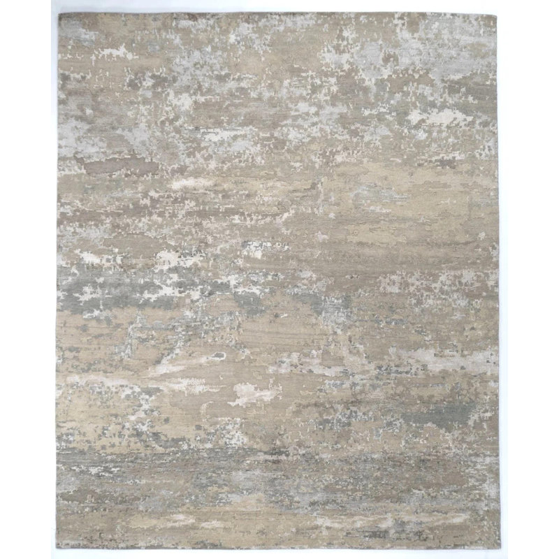 Tapis abstrait 8 x 10 po, tapis en soie en laine noué à la main, tapis contemporain gris beige, tapis neutre texturé de luxe moderne délavé