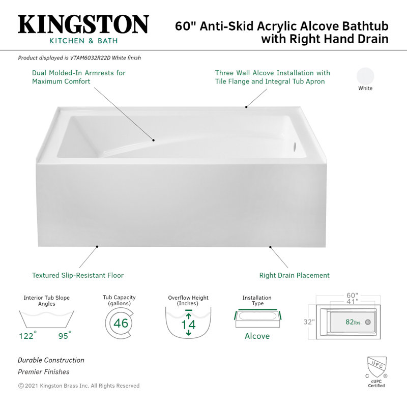 Kingston Brass Aqua Eden 60-Inch Acrylic Rectangular 3-Wall Alcove Tub with Armrest and Anti-Skid Surface, Right