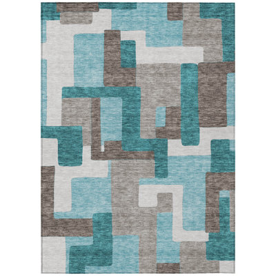 Tapis extérieur lavable abstrait bleu sarcelle 9 pi x 12 pi bleu turquoise et beige