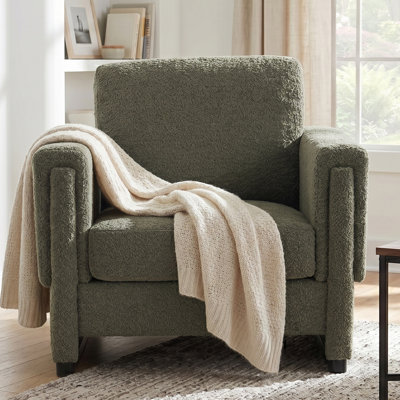 Fauteuil d'appoint rembourré avec accoudoirs en bois massif, fauteuil club à accoudoirs carrés en tissu Boucle avec coussin épais, chaise d'appoint moderne à base de traîneau pour le salon et la chambre à coucher