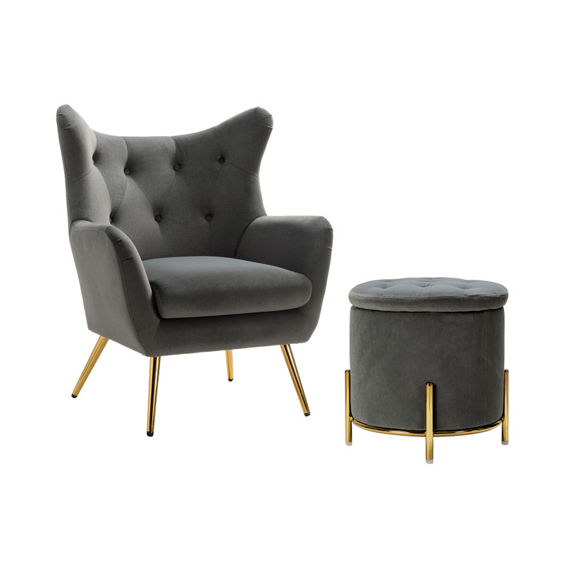 Conrado Upholstered Wingback Chair with Ottoman, Grey 100% Polyester