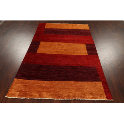 Tapis rouge / orange en laine noué à la main de conception unique 4 pi 7 po x 7 pi 8 po New Age