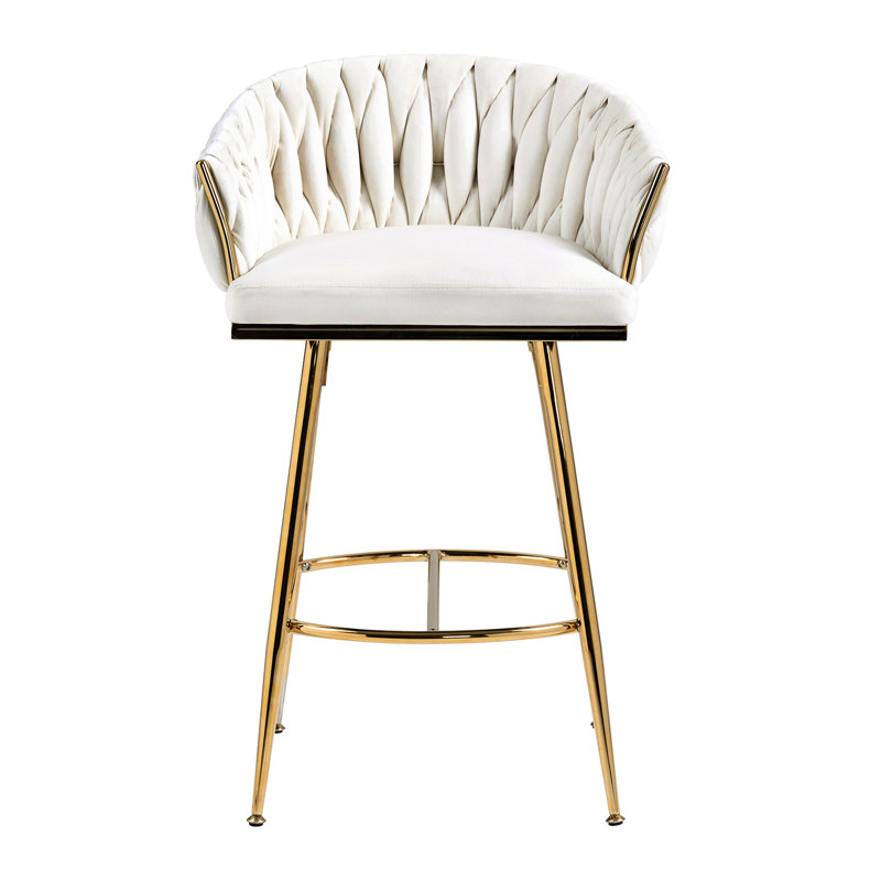 Tabouret de bar 26 po en velours beige avec dossier ondulé à la main et base chromée dorée, coussin à rebond élevé, processus de tricotage, pieds réglables, convient pour une salle d'étude, un bar / café, confortable et confortable