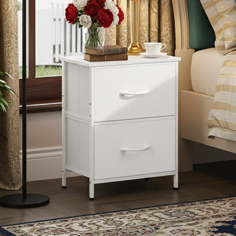 Table de chevet blanche à 2 tiroirs l 11,8 po - Bacs en tissu, plateau en bois - Rangement pour petite chambre / dortoir