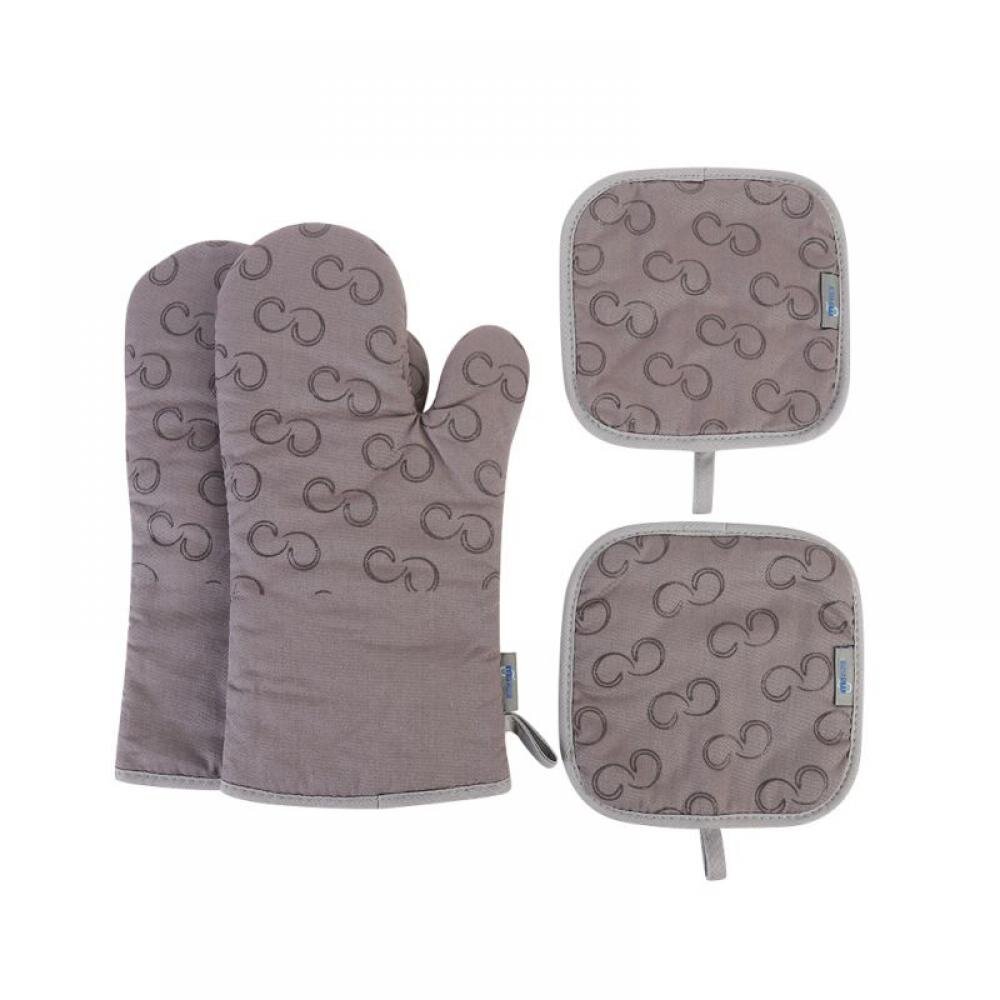 Pot Holders and Oven Mitts Gloves with Silicone Printed,2 Hot Pads and 2  Gloves,4 Piece Heat Resistant Kitchen Linens Set for Cooking(Gray) 