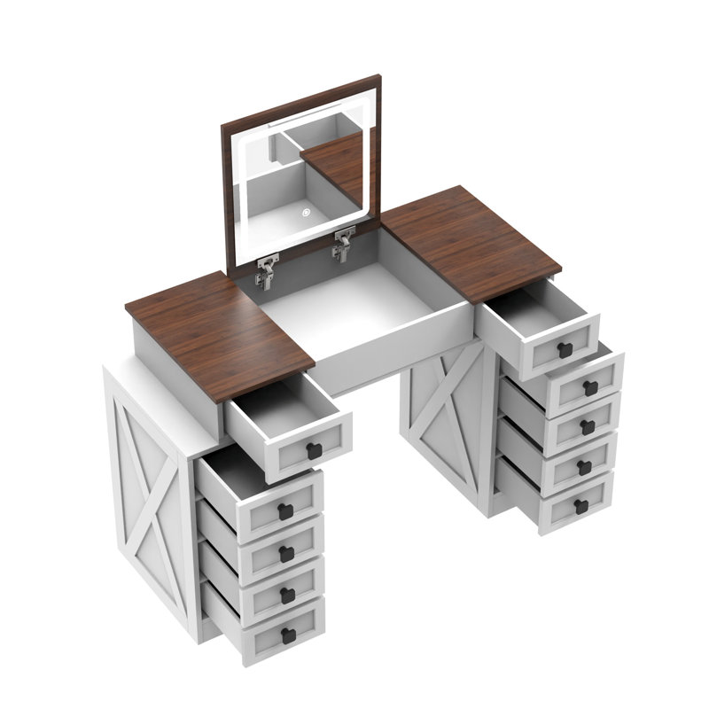 Vanity Desk With Dimmable Led Light With 10 Drawers, Makeup Table With Flip Up Mirror For Space-saving,large Storage Vanity Table Set With Stool And Drawers