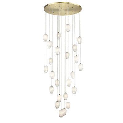 Lustre doré 24 lumières avec pendentifs en verre blanc