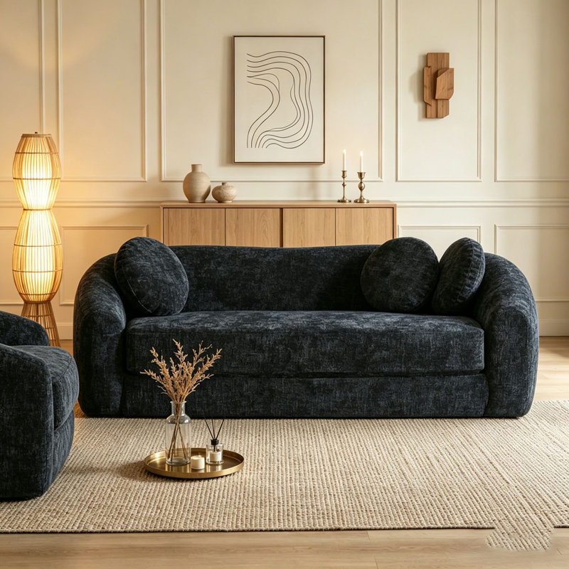 Canapé inclinable à compression courbée convertible, canapé-lit 2 en 1 escamotable, avec base escamotable et siège profond, comprend deux coussins, fauteuil inclinable en chenille deux places